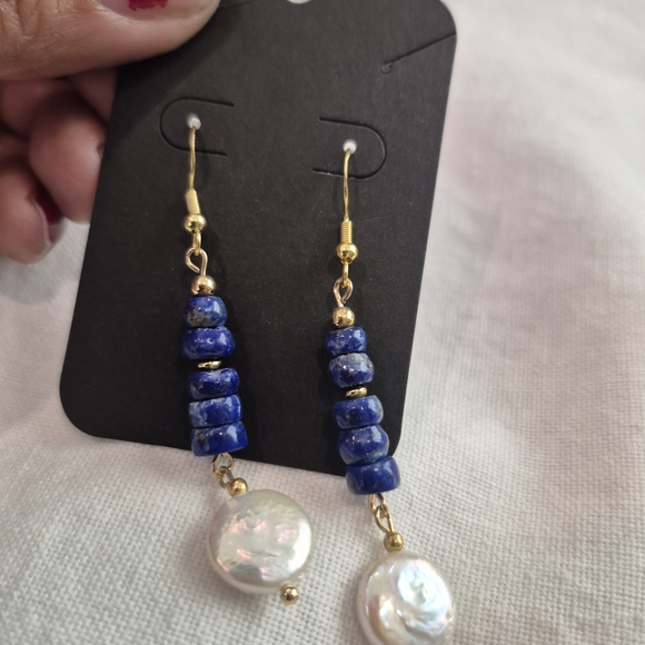 Gold Drop Earrings with Blue Lapis and Pearl Discs - Picture 2 of 2